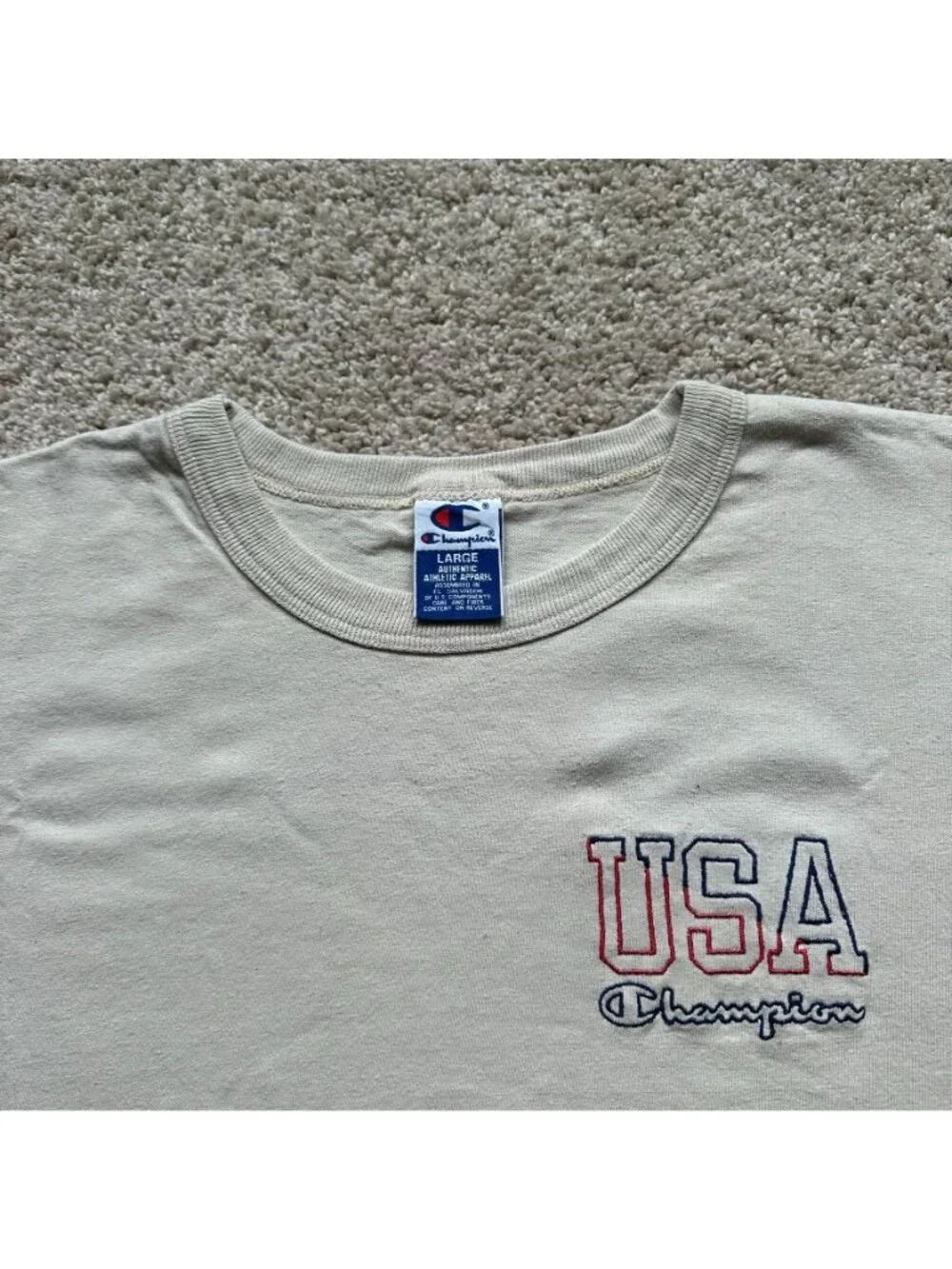Vintage Y2K Champion Team USA T-Shirt Beige L Embroidered Neutral Sporty Olympic - Picture 3 of 5